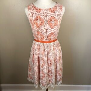 Shoshanna Elegant Orange Sleeveless Dress with Cream Color Lace Overlay Size 2